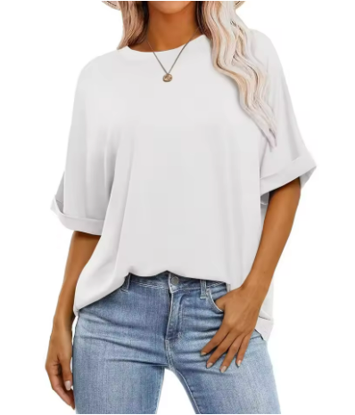 Damen lässiges Oversize-T-Shirt aus strukturierter Baumwolle mit umschlägigen Ärmeln Drune