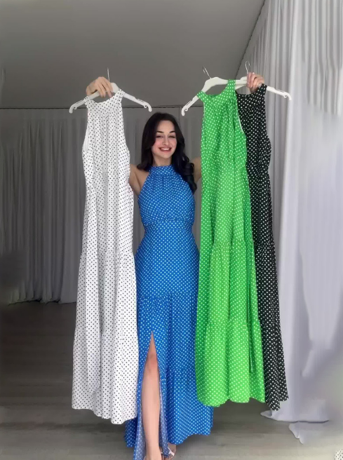 Damen Maxikleid mit Punkten und verstellbarem Bindegürtel Drune