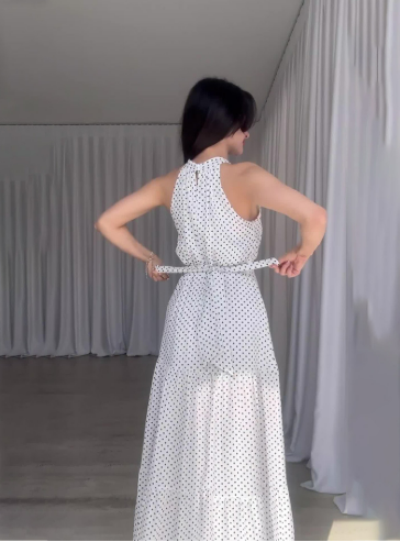 Damen Maxikleid mit Punkten und verstellbarem Bindegürtel Drune
