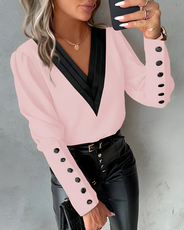 Drune | Elegante V-Ausschnitt-Bluse mit Farbblöcken für Mühelosen Stil