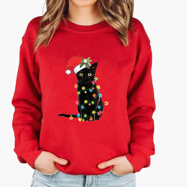 Drune | Weihnachtspullover mit Katze und Lichterkette - Lustiger Winter-Sweater für Katzenliebhaber