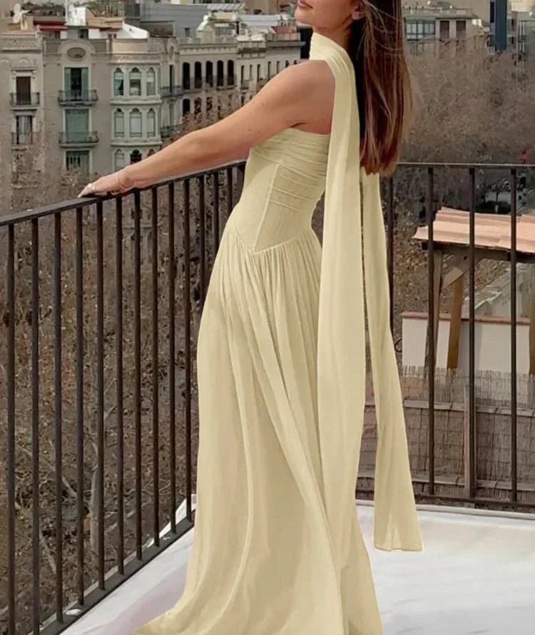 Drune | Patchwork Maxi Kleid Schal Rückenfrei Strapless Rüschen Bankett