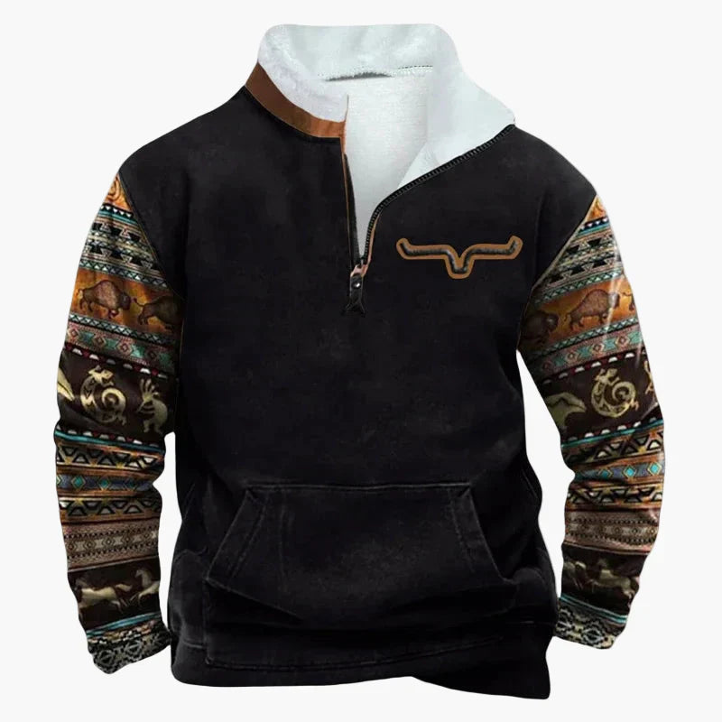 Drune | Vintage Western Half-Zip Pullover mit Ethno-Muster für Outdoor und Freizeit