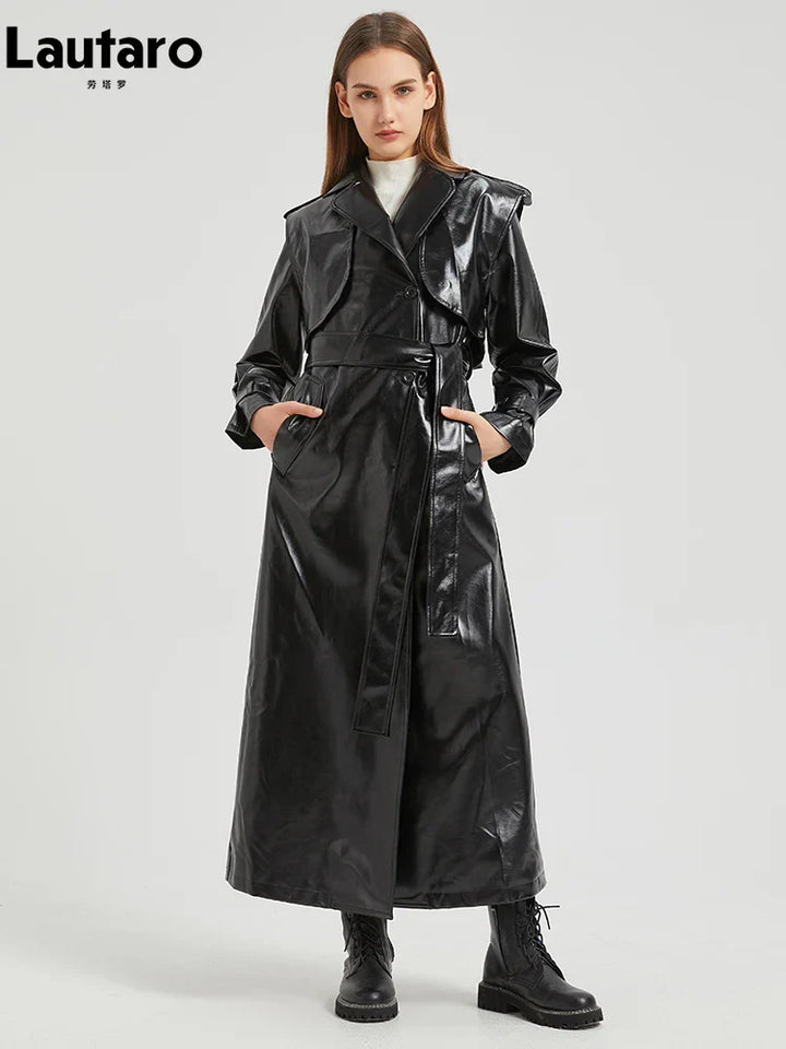 Drune | Lautaro Herbst Extra Lange Gold Glänzend Patent Pu Leder Trenchcoat für Frauen Einfache Schnalle Luxus Designer Übermantel
