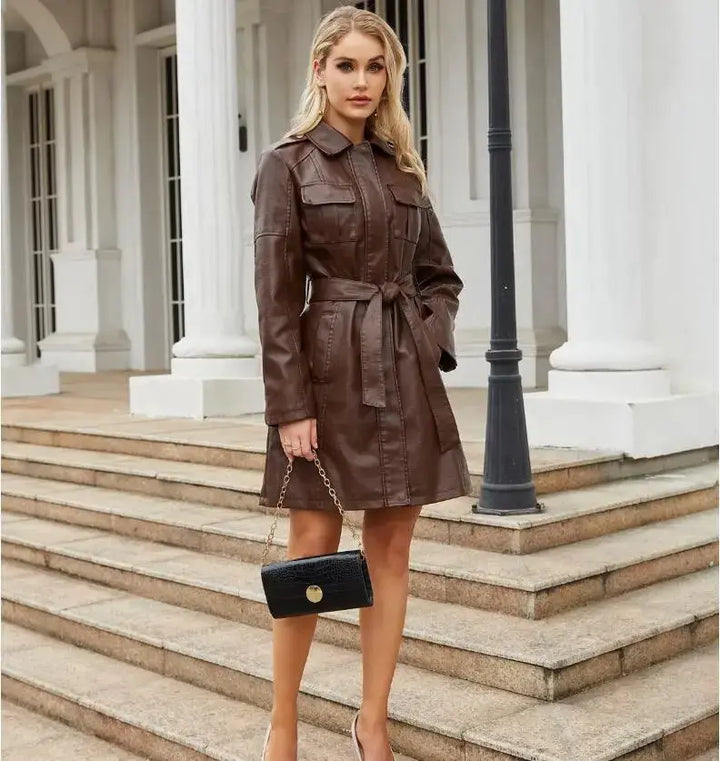 Drune | Krawatte Taille Lange Ärmel Kunstleder Hemdkleid