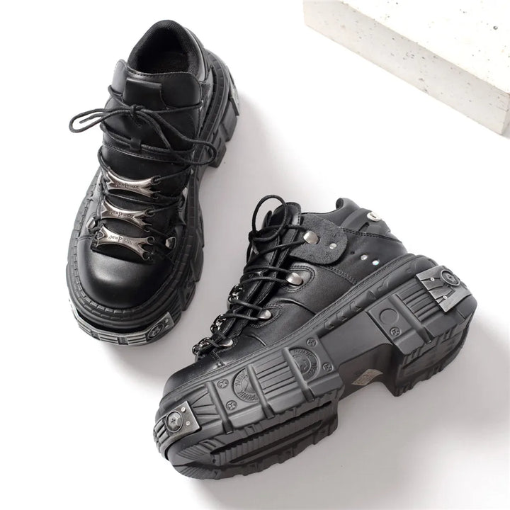 Drune | Frauen Ankle Boots für Frauen Dicke Sohle Schnürsenkel Metall Dekoration Runde Zehen Plattform Schuhe Ladeis Punk Gothic Sneakers