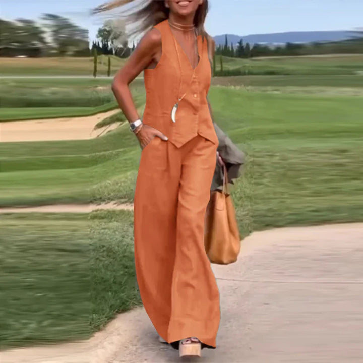 Drune Modern Set | Eleganter ärmelloser V-Ausschnitt-Top und weit geschnittene Hosen Damenanzug
