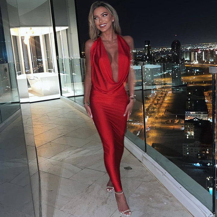 Drune - Sexy langes Kleid mit V-Ausschnitt und Halterneck für Frauen