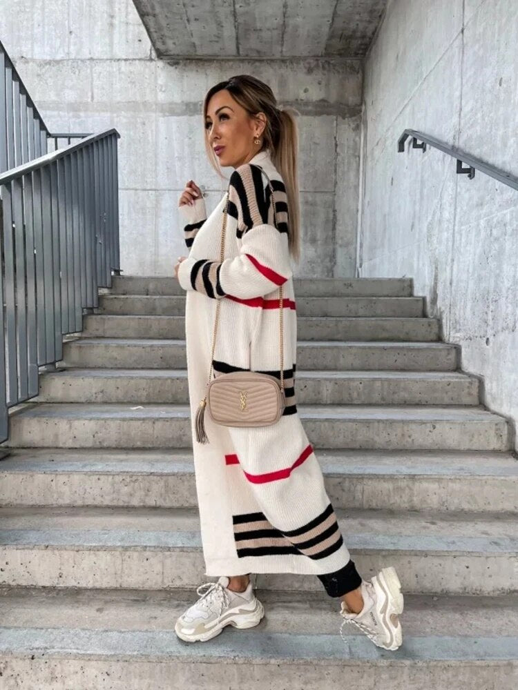 Drune | Lange gestreifte Strickjacke für Damen