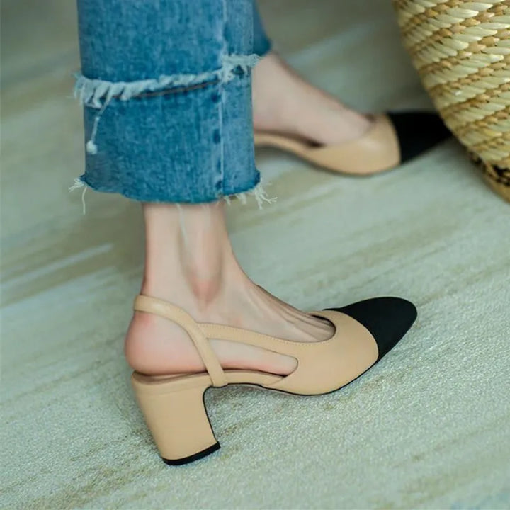 Drune | Aprikose Frauen Pumps Mittelhohe Absätze Gemischte Farben Runde Spitze Legere Schuhe Damen Sandalen Festkleid Slingbacks Damen Schuhe Trend