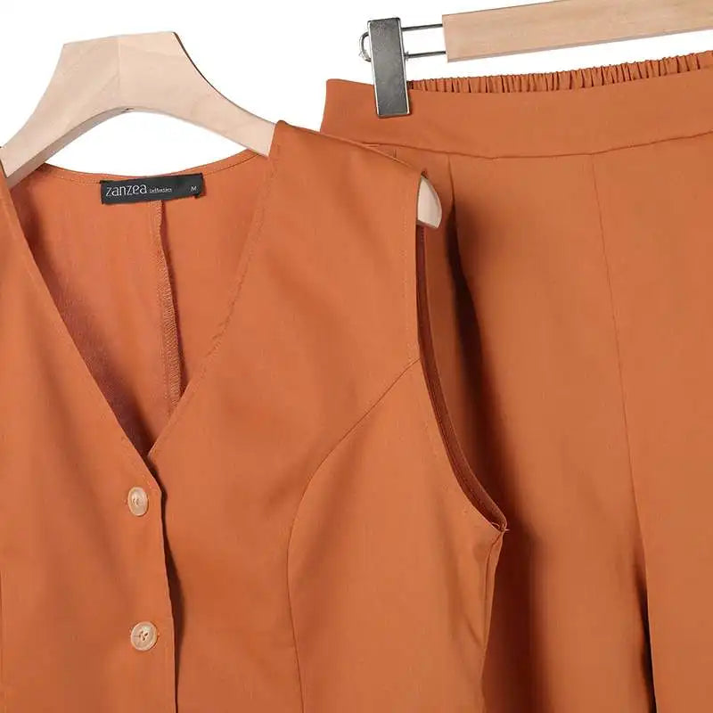 Drune Modern Set | Eleganter ärmelloser V-Ausschnitt-Top und weit geschnittene Hosen Damenanzug