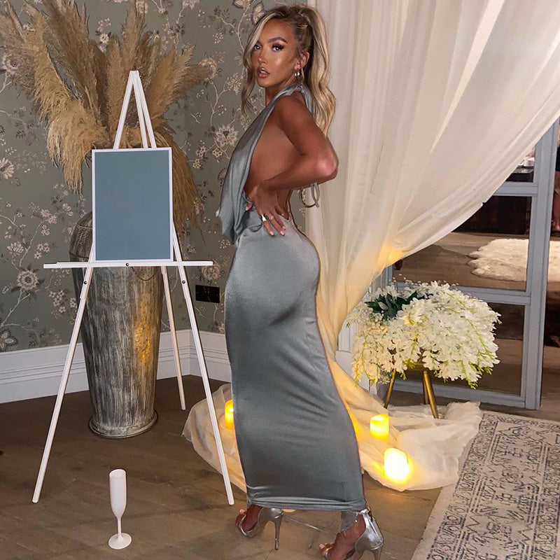 Drune - Sexy langes Kleid mit V-Ausschnitt und Halterneck für Frauen