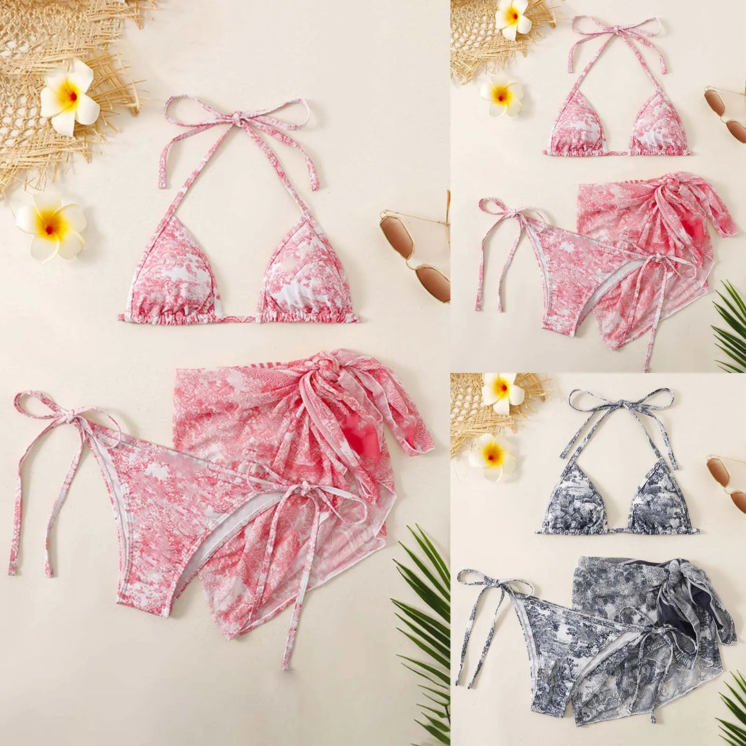 Drune | Damen Dreiteilig Badekleidung Sommer Push-Up Hohe Taille Bikini Set mit Bedeckung Rock Tie Dyed Schwimmen Badeanzug Strandbekleidung