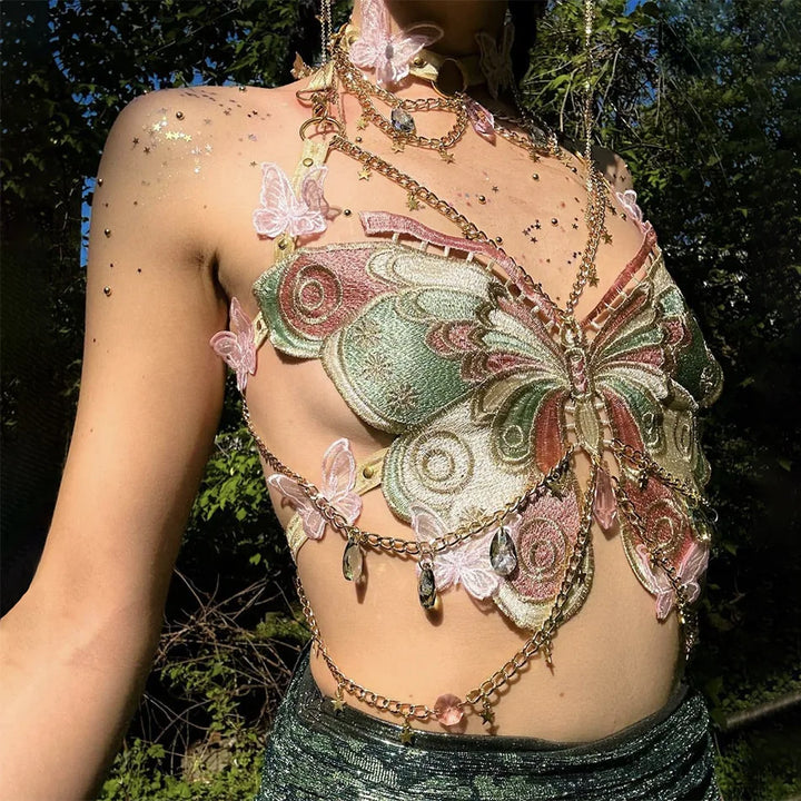 Drune | Besticktes Y2k Schmetterling Crop Top
