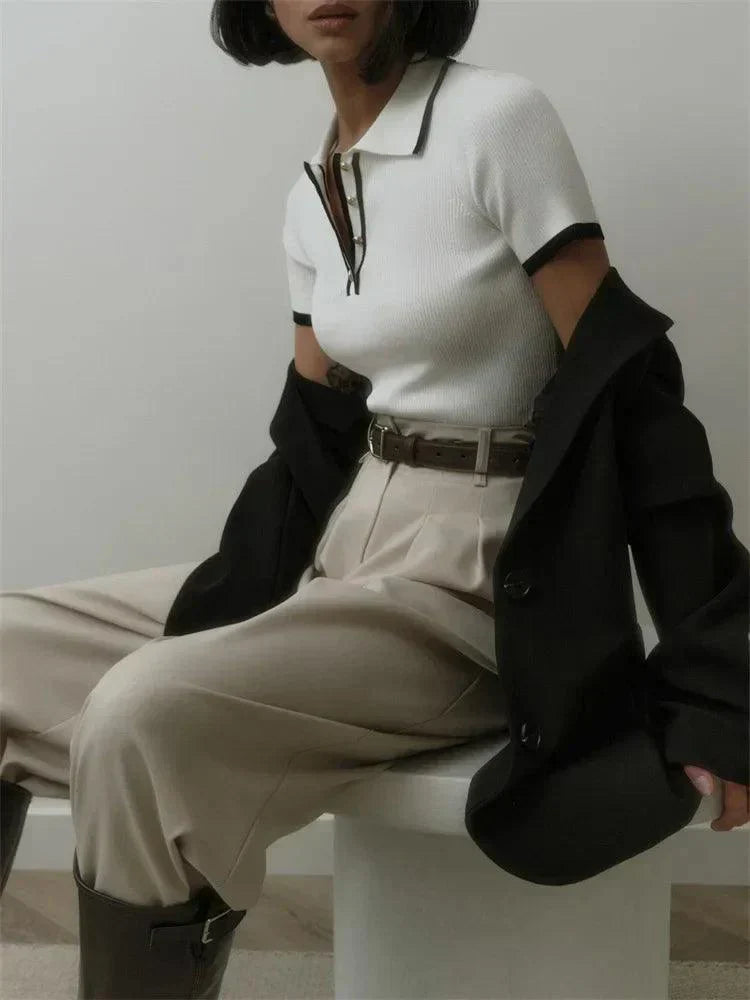 Drune | Strick Poloshirt Gerippter Stretchstoff