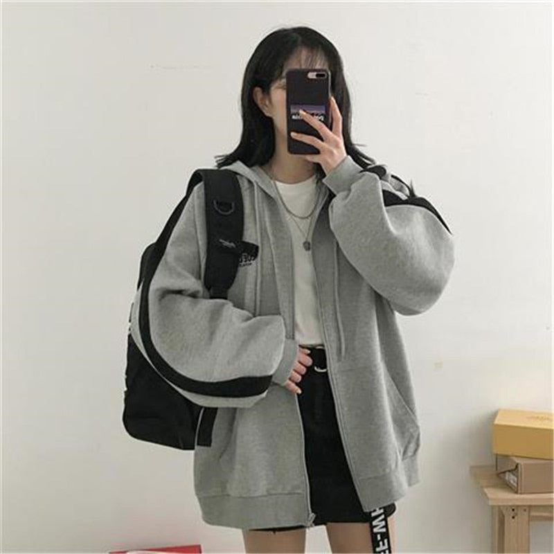 Drune | Zip-up Oversized Solid Pocket Hooded Langarm Lose Baseball Jacke