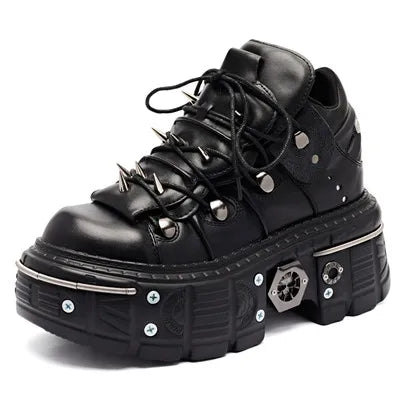 Drune | Frauen Ankle Boots für Frauen Dicke Sohle Schnürsenkel Metall Dekoration Runde Zehen Plattform Schuhe Ladeis Punk Gothic Sneakers