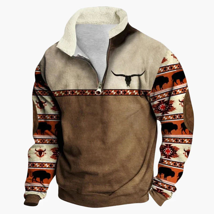 Drune | Vintage Western Half-Zip Pullover mit Ethno-Muster für Outdoor und Freizeit