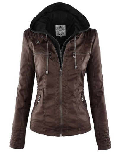 Drune Lederimitat Mantel | Damen Kapuzenjacke: Basic PU-Jacke