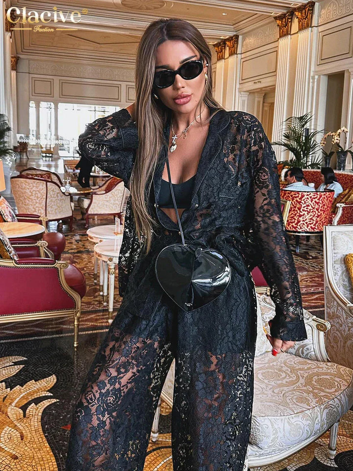 Drune | Clacive Sexy Loose Schwarze Spitze Transparente Hosen Set Frauen 2 Stück Mode Langarm Shirt mit Hoher Taille Breite Hosen Set