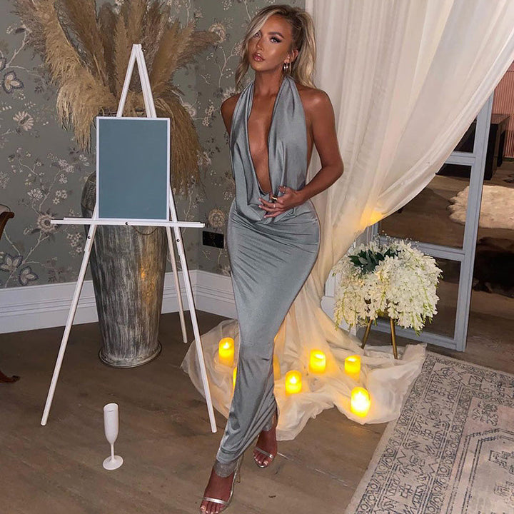 Drune - Sexy langes Kleid mit V-Ausschnitt und Halterneck für Frauen