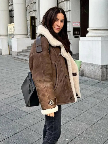 Drune | Luxuriöse Pilotenjacke mit Wollfutter Faux Wildleder und Fleece Warm und Stilvoll