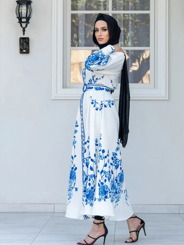 Drune Blumenmuster-Kleid | Maxikleid mit langen Ärmeln und Blumendruck, mit Gürtel