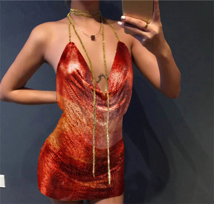 Drune | Diamond Halter Rückenfreies Split Metallisch Mini Kleid