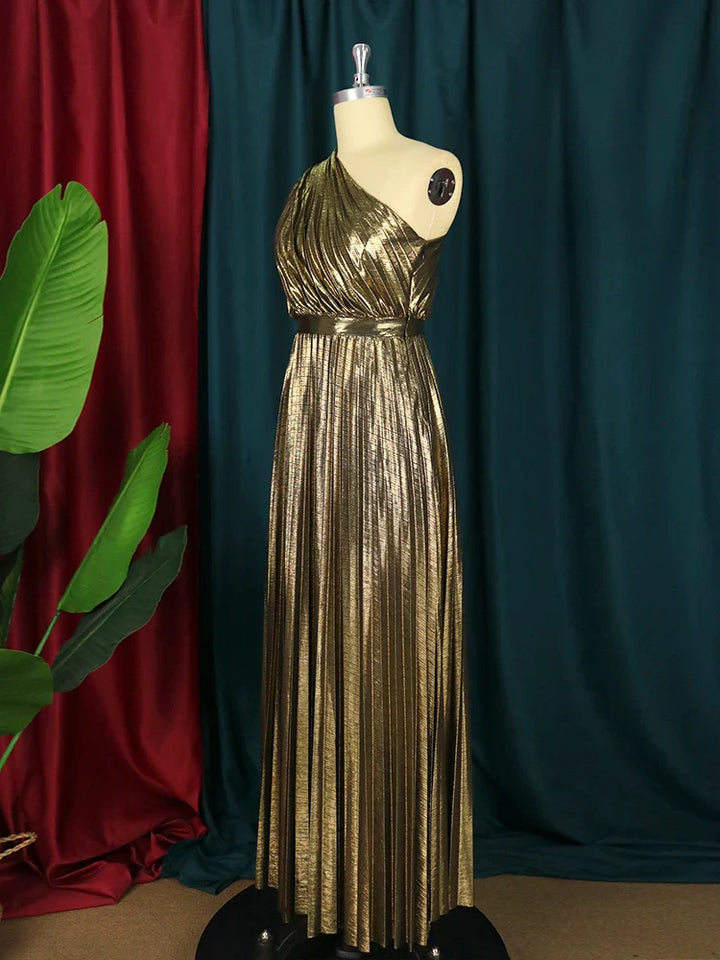 Drune | Elegantes One Shoulder Abendkleid in Metallic Optik