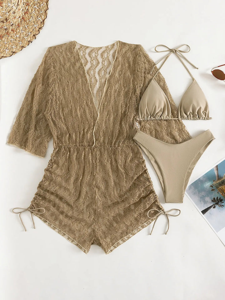 Drune | 3 Stück Bikini Tropischer Druck Badebekleidung Halter Schnürseite Badebekleidung Frauen Badeanzug Weiblich Schwimmen Sommer Strandbekleidung