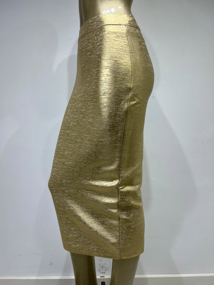 Drune | Frauen Sommerrock Sexy Silber Gold Bronzing Midi Bandage Rock High Street Designer Schlanker Fest Midi Bleistiftrock 78Cm