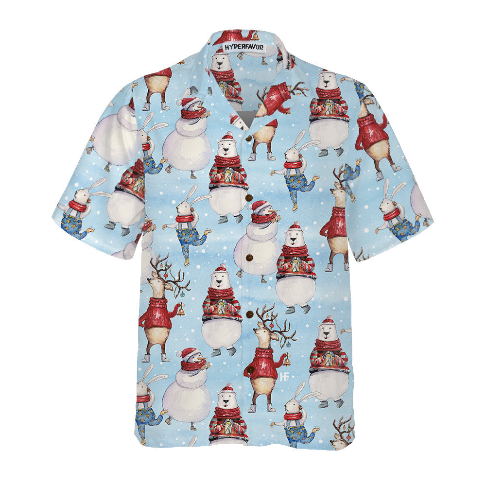 Drune | Nahtloses Weihnachtsmuster mit Hase und Schneemann Weihnachts-Hawaiiganza