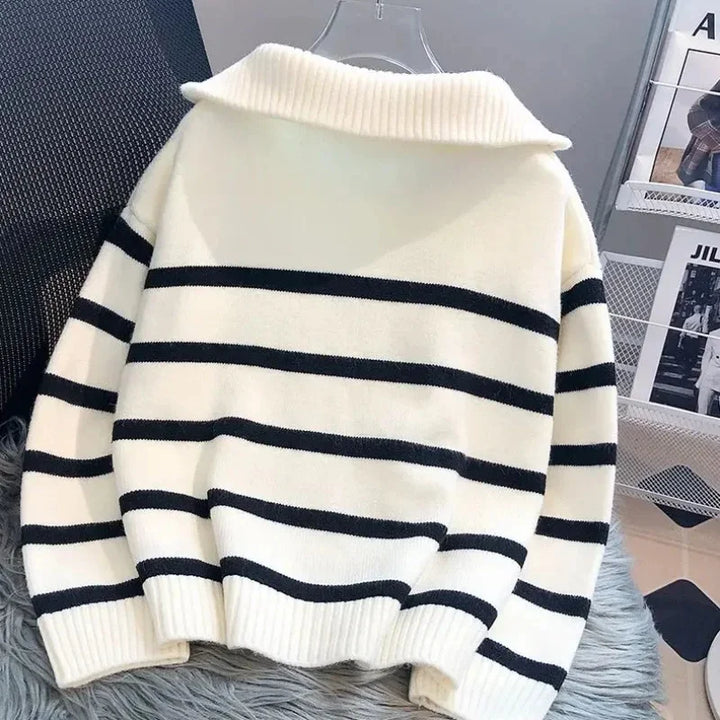 Drune | Pullover Mit Reißverschluss - Weiß & Gestreift