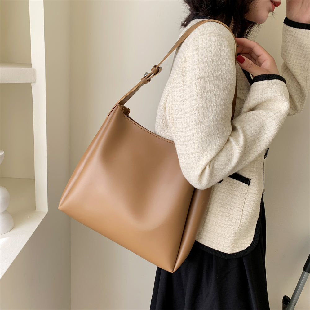 Drune Hochwertige Damen Shopper Große Kapazität Schultertasche Reine Farbe Breiter Riemen Weiches PU-Leder