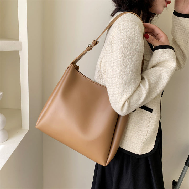 Drune Hochwertige Damen Shopper Große Kapazität Schultertasche Reine Farbe Breiter Riemen Weiches PU-Leder