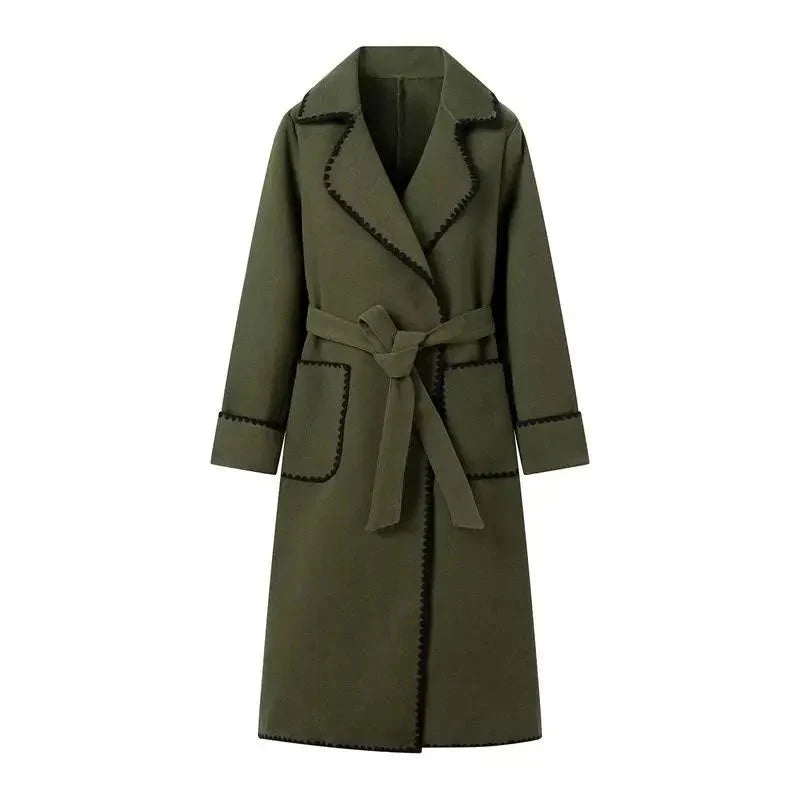 Drune | Longline Mantel - Kontrastierende Besatz - Gürtellinie - Casual bis Formal