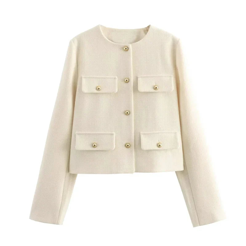 Drune | Elegante Bouclé-jacke Goldknöpfe und Taschen Klassischer Stil