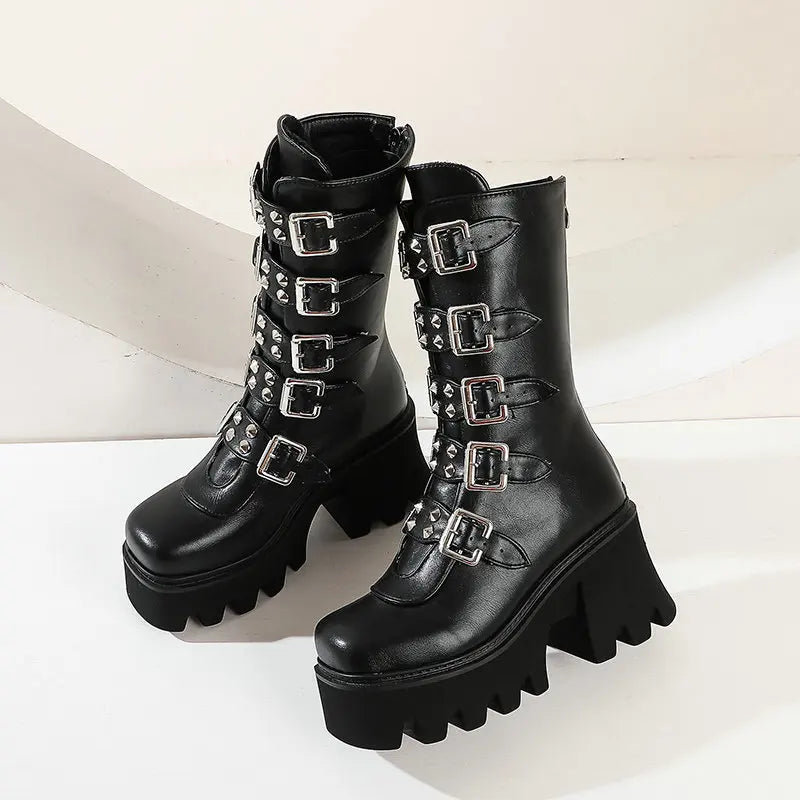 Drune | Gothic Schuhe Frauen Schwarz Hochstiefel Weiblich Hohe Absatz Frauen Combat Punk Chunky Dame