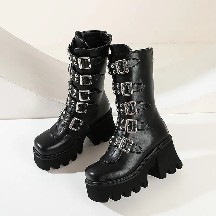 Drune | Gothic Schuhe Frauen Schwarz Hochstiefel Weiblich Hohe Absatz Frauen Combat Punk Chunky Dame
