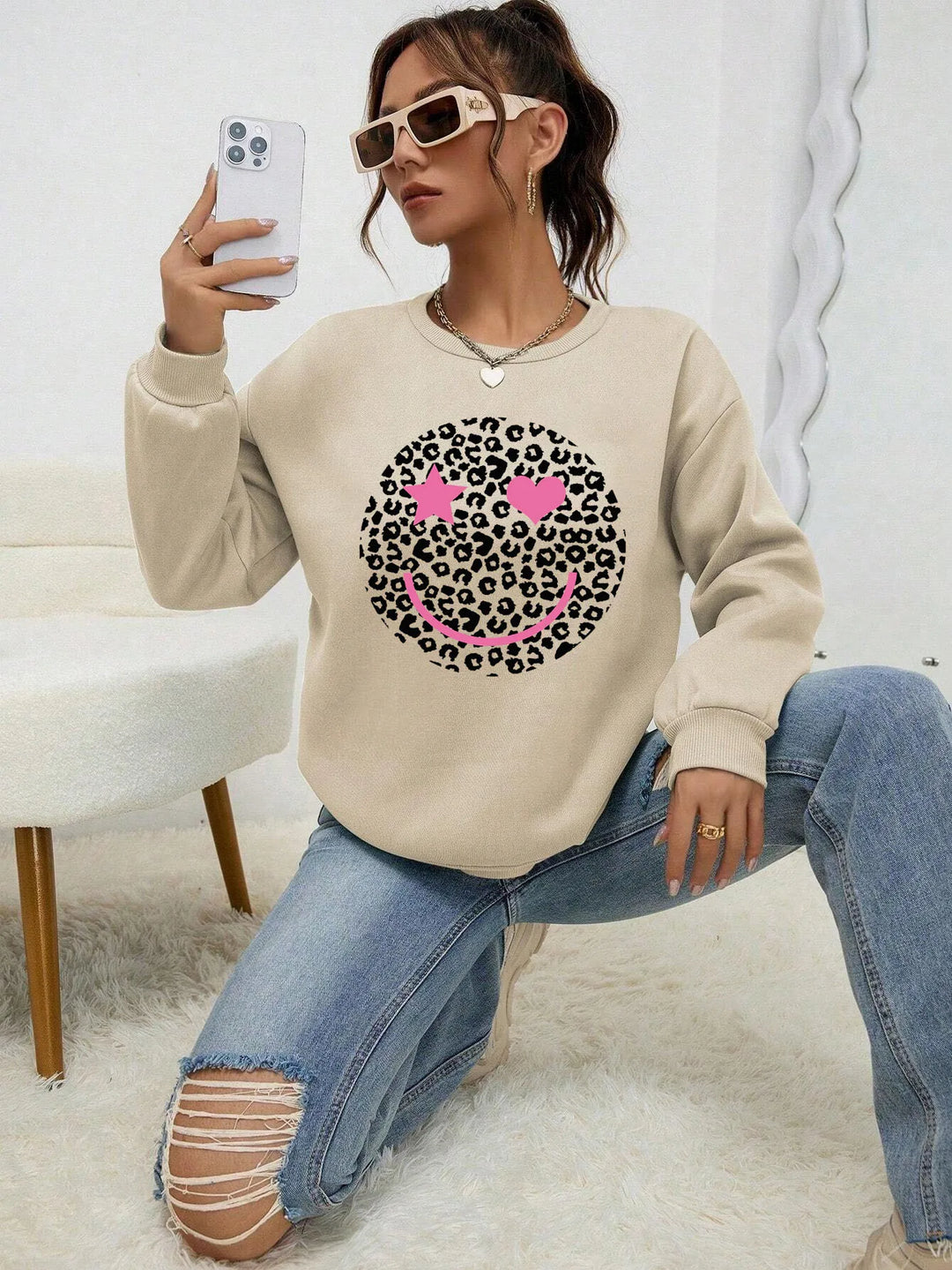 Drune | Lässiges Sweatshirt mit Leopardenmotiv Baumwollmischung Trendy und Komfortabel