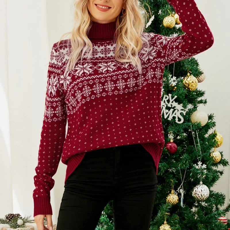 Drune - Hässlicher Weihnachtspulli - Vintage Rollkragenpullover mit Schneeflockenmotiv