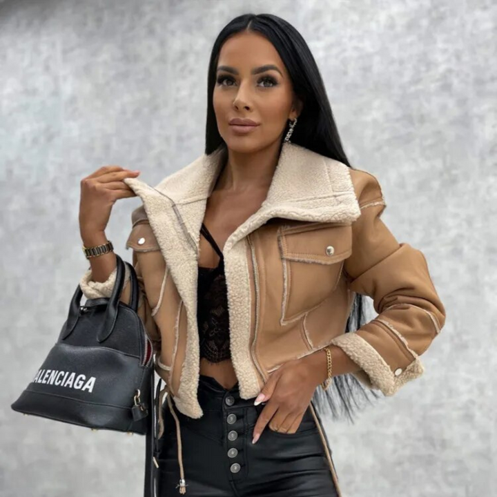 Kunstlederjacke | Kurze Damenjacke mit Fleecefutter für Herbst und Winter