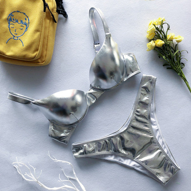 Drune | Glänzendes Metallic Push-Up Bikini-Set für Damen