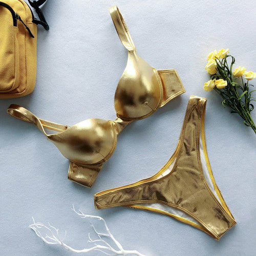 Drune | Glänzendes Metallic Push-Up Bikini-Set für Damen