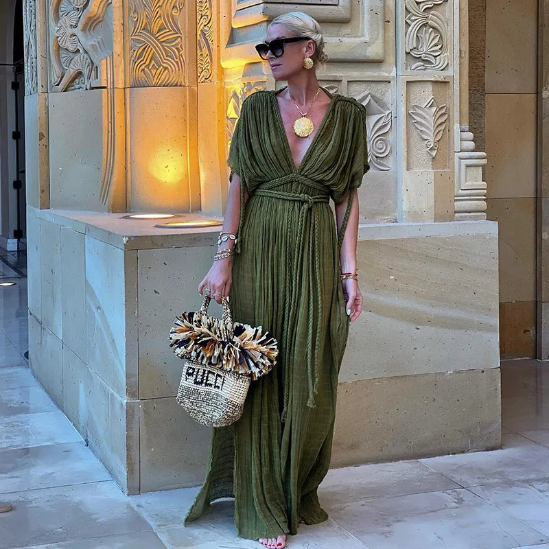Drune | Grüne Bohemia Ferienanzug Frauen Elegant Solid Lässig Lockere Lange Kleider Sommer Sexy Geshitzte Rückenfreier Maxi Strandkleid Neu