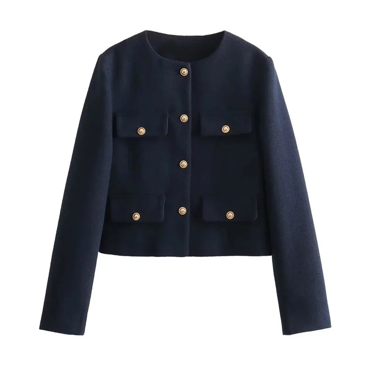 Drune | Elegante Bouclé-jacke Goldknöpfe und Taschen Klassischer Stil