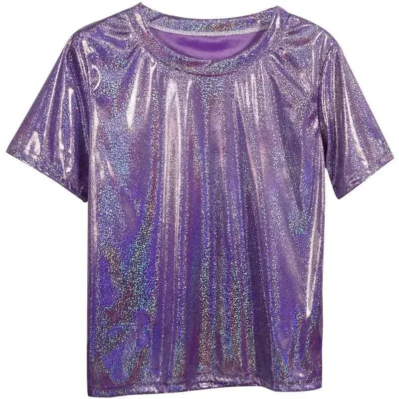 Drune | S 5Xl Damen Funkelnd Shiny Metallisch Holografisch Rundhals Kurzarm Lässig Lose Top Festival Party T-Shirt Damenbekleidung