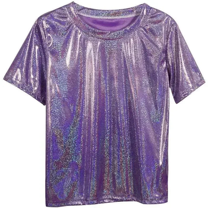 Drune | S 5Xl Damen Funkelnd Shiny Metallisch Holografisch Rundhals Kurzarm Lässig Lose Top Festival Party T-Shirt Damenbekleidung