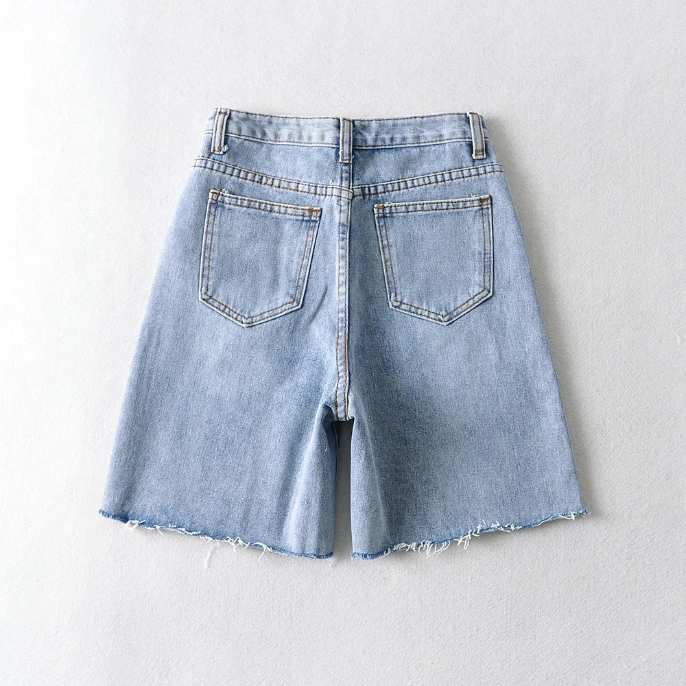 Drune | Frauen Hohe Taille Breite Bein Denim Shorts Mädchen Sommer Mode Streetwear Lässig Einfarbig Weibliche Lockere Stretch Jeans