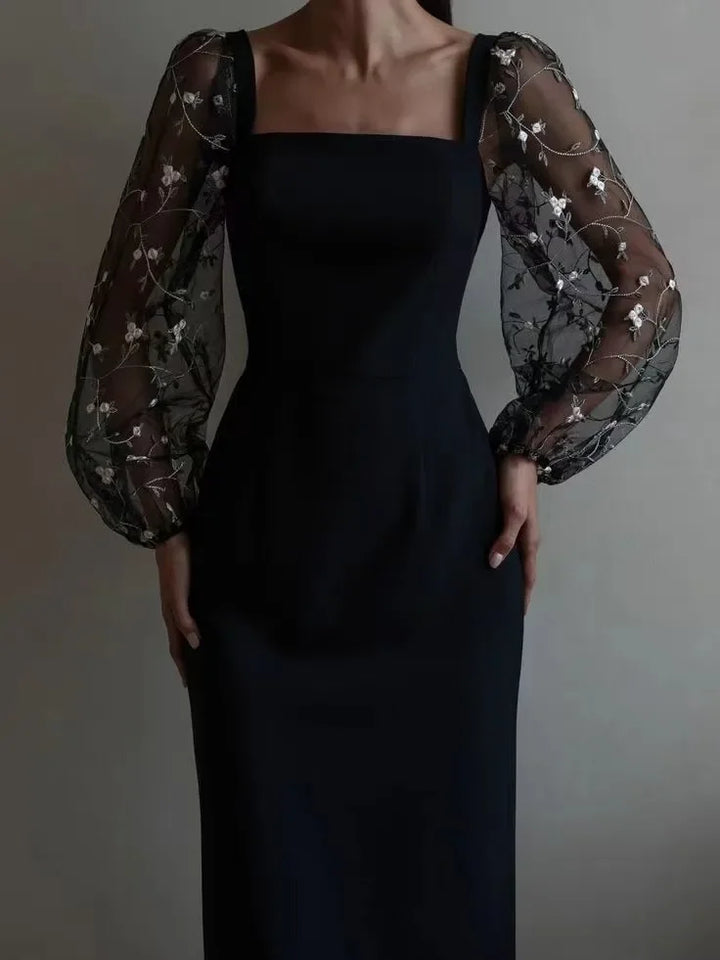 Elegantes Abend- und Partykleid mit Quadratischem Ausschnitt und Langen Ärmeln | Drune